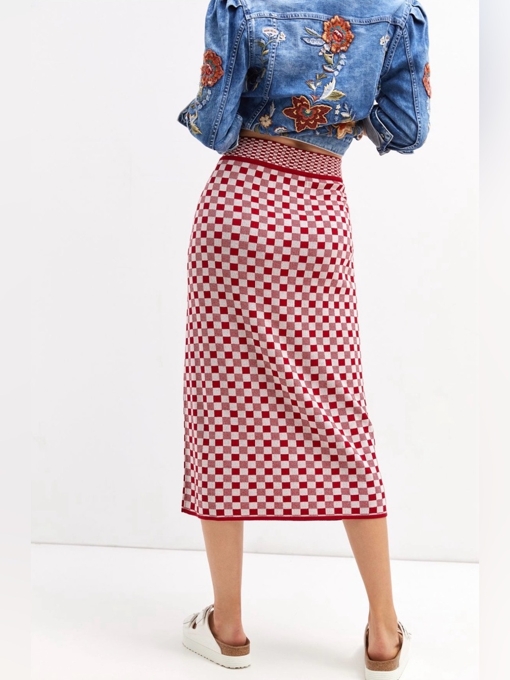 Like New Anthropologie CECILIA PRADO Red & White Checkered Knit Midi Skirt. S - Picture 3 of 7